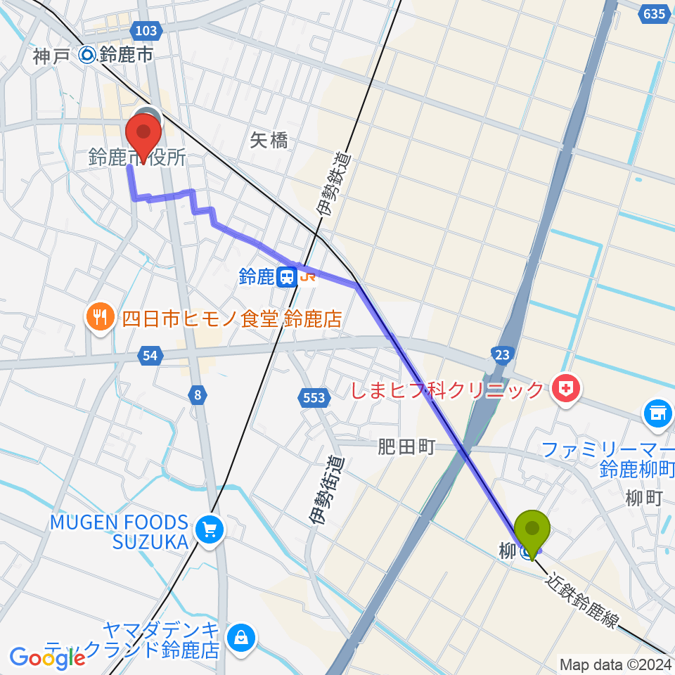 柳駅からイスのサンケイホール鈴鹿へのルートマップ地図