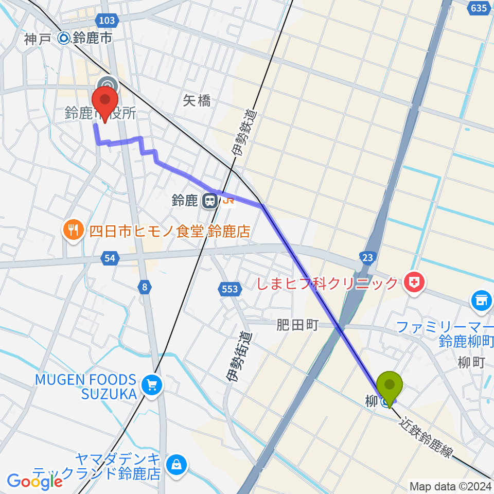 柳駅からイスのサンケイホール鈴鹿へのルートマップ地図