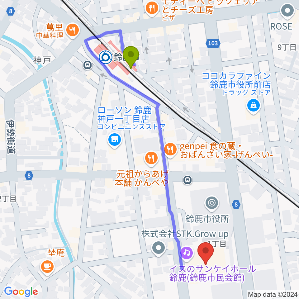 イスのサンケイホール鈴鹿の最寄駅鈴鹿市駅からの徒歩ルート（約6分）地図