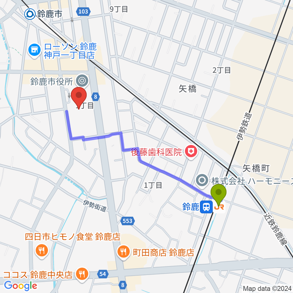 鈴鹿駅からイスのサンケイホール鈴鹿へのルートマップ地図