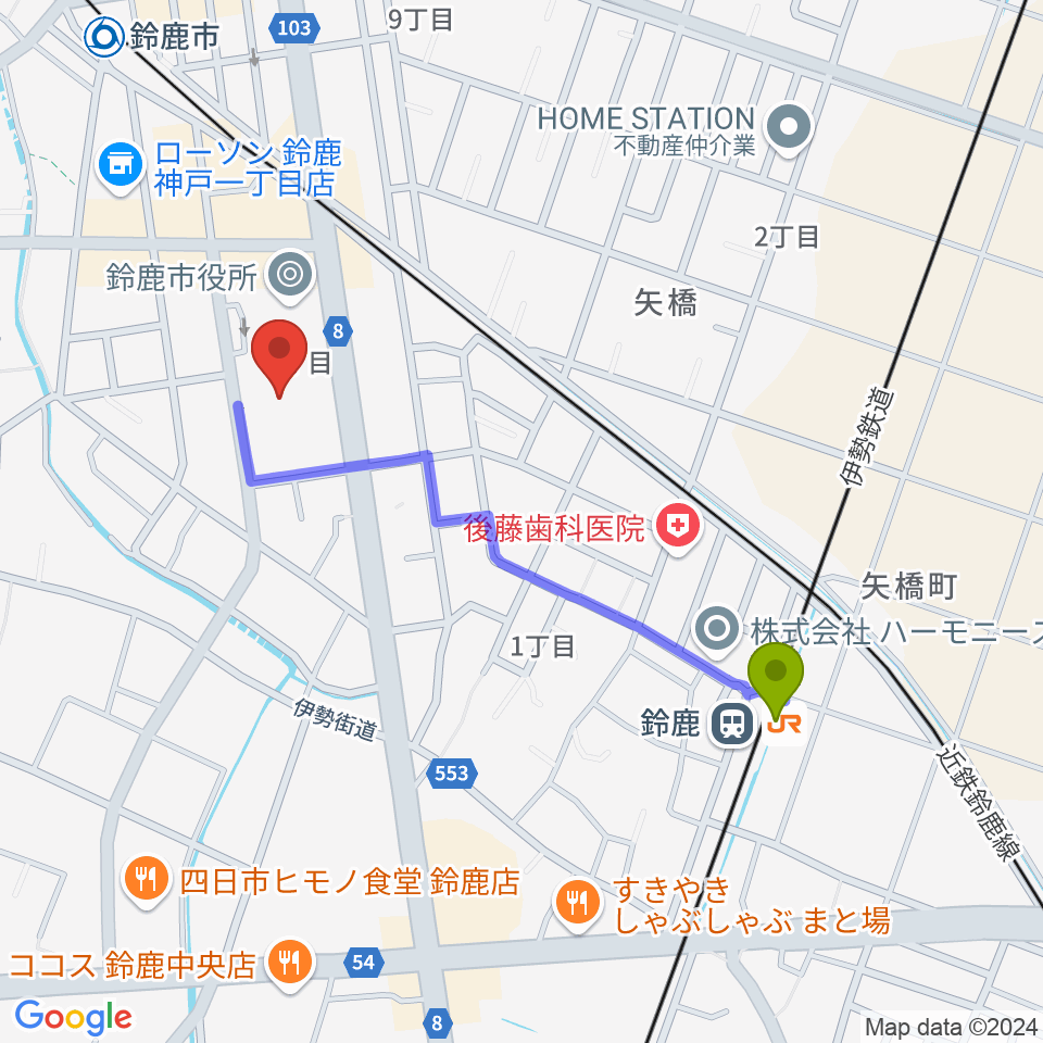 鈴鹿駅からイスのサンケイホール鈴鹿へのルートマップ地図