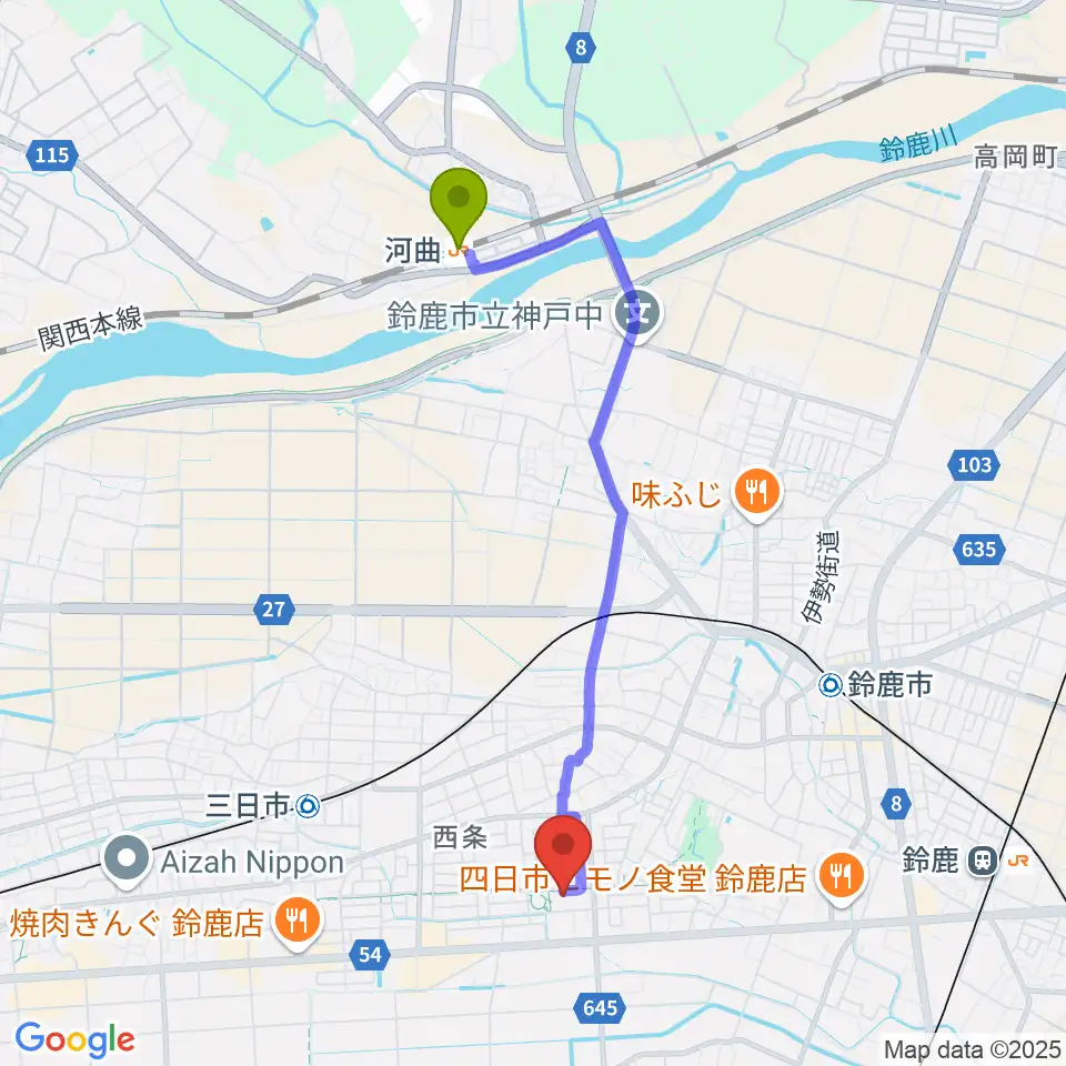 河曲駅からハヤシユナイテッド文化ホール鈴鹿へのルートマップ地図