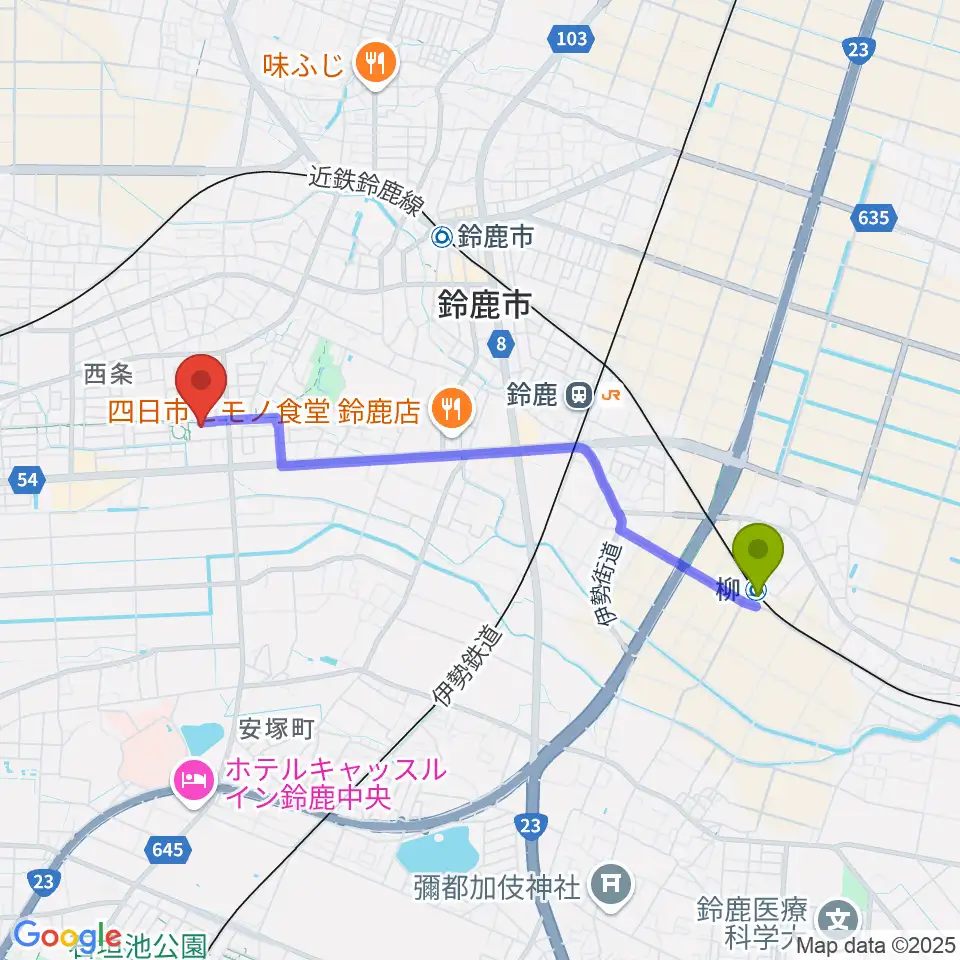 柳駅からハヤシユナイテッド文化ホール鈴鹿へのルートマップ地図