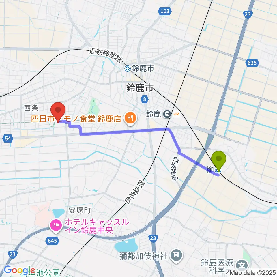 柳駅からハヤシユナイテッド文化ホール鈴鹿へのルートマップ地図