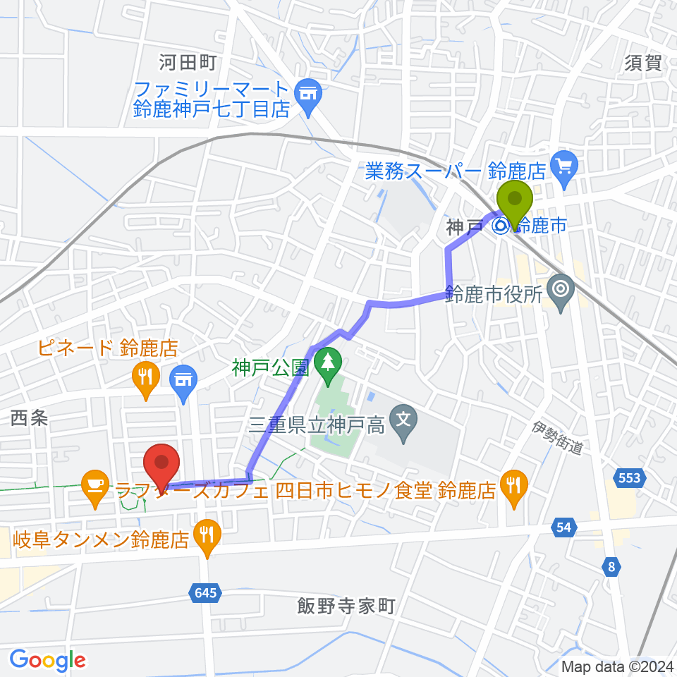 鈴鹿市駅から鈴鹿市文化会館へのルートマップ地図