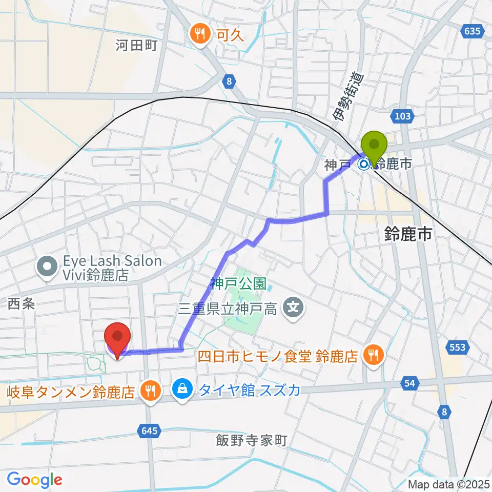 鈴鹿市駅からハヤシユナイテッド文化ホール鈴鹿へのルートマップ地図