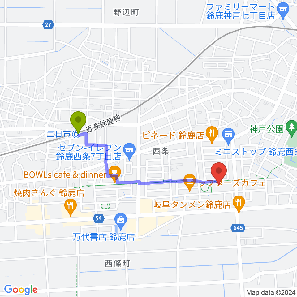 鈴鹿市文化会館の最寄駅三日市駅からの徒歩ルート（約16分）地図