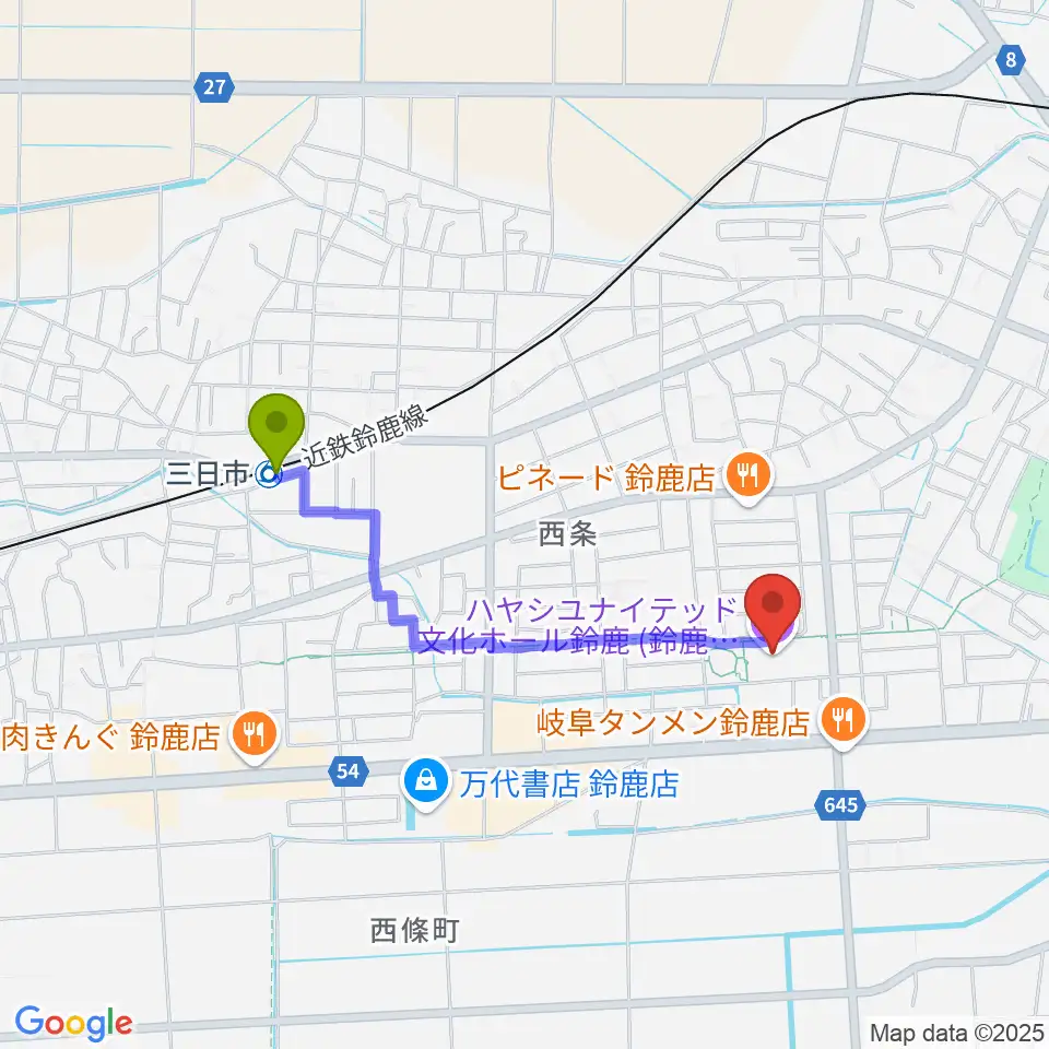ハヤシユナイテッド文化ホール鈴鹿の最寄駅三日市駅からの徒歩ルート（約16分）地図