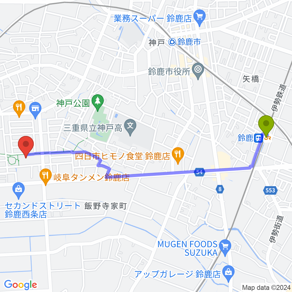 鈴鹿駅から鈴鹿市文化会館へのルートマップ地図