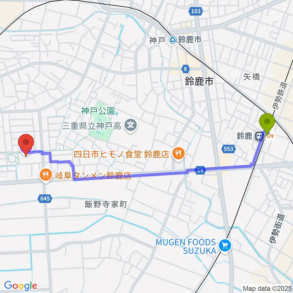 鈴鹿駅からハヤシユナイテッド文化ホール鈴鹿へのルートマップ地図