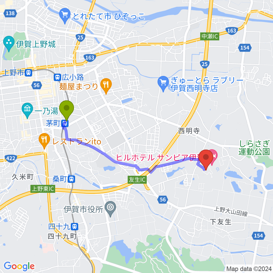 茅町駅から伊賀市文化会館へのルートマップ地図