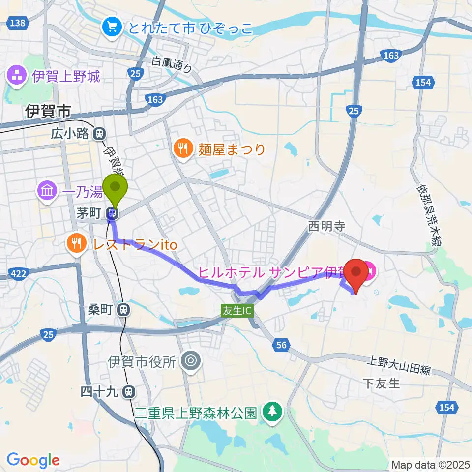 茅町駅から伊賀市文化会館へのルートマップ地図