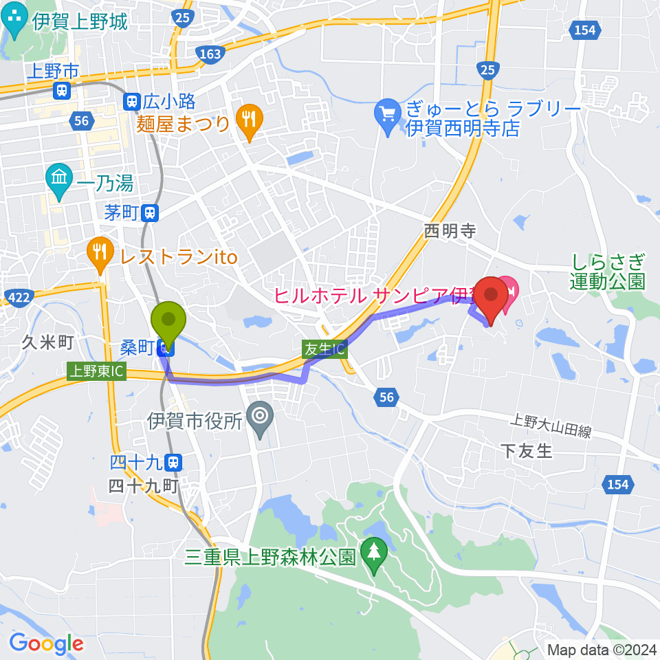 伊賀市文化会館の最寄駅桑町駅からの徒歩ルート（約31分）地図
