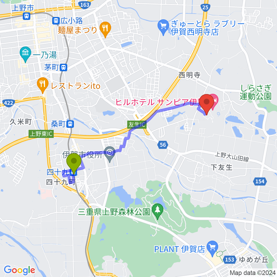四十九駅から伊賀市文化会館へのルートマップ地図