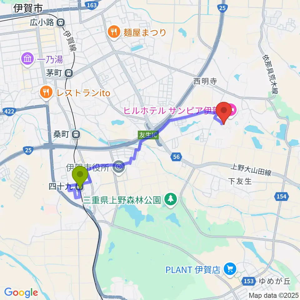 四十九駅から伊賀市文化会館へのルートマップ地図