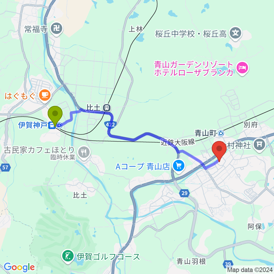 伊賀神戸駅から青山ホールへのルートマップ地図