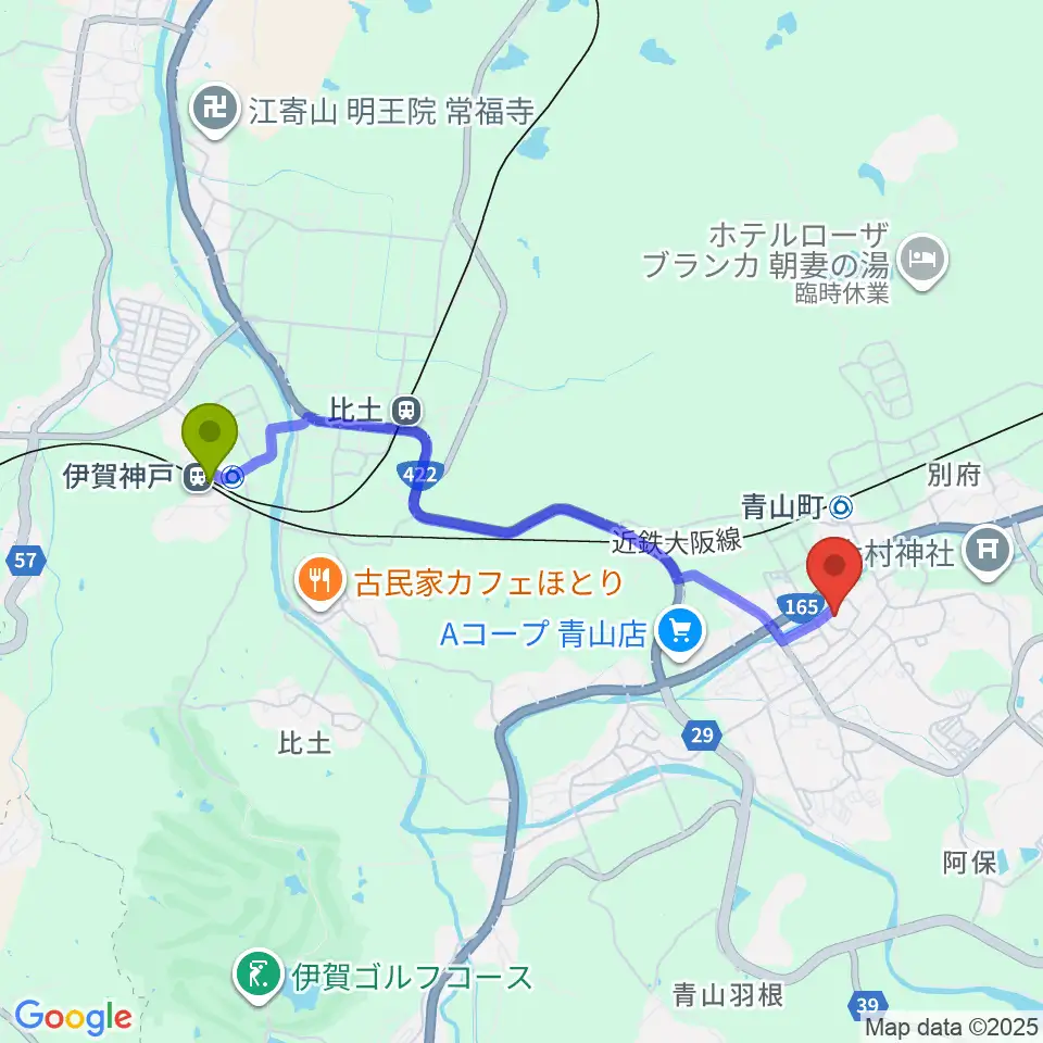 伊賀神戸駅から青山ホールへのルートマップ地図