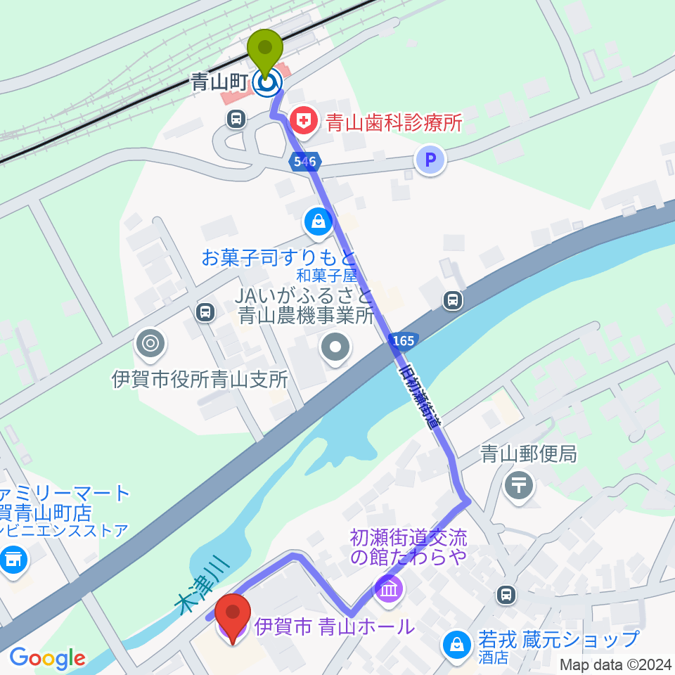 青山ホールの最寄駅青山町駅からの徒歩ルート（約7分）地図