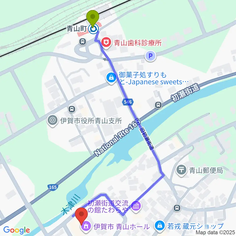 青山ホールの最寄駅青山町駅からの徒歩ルート（約7分）地図