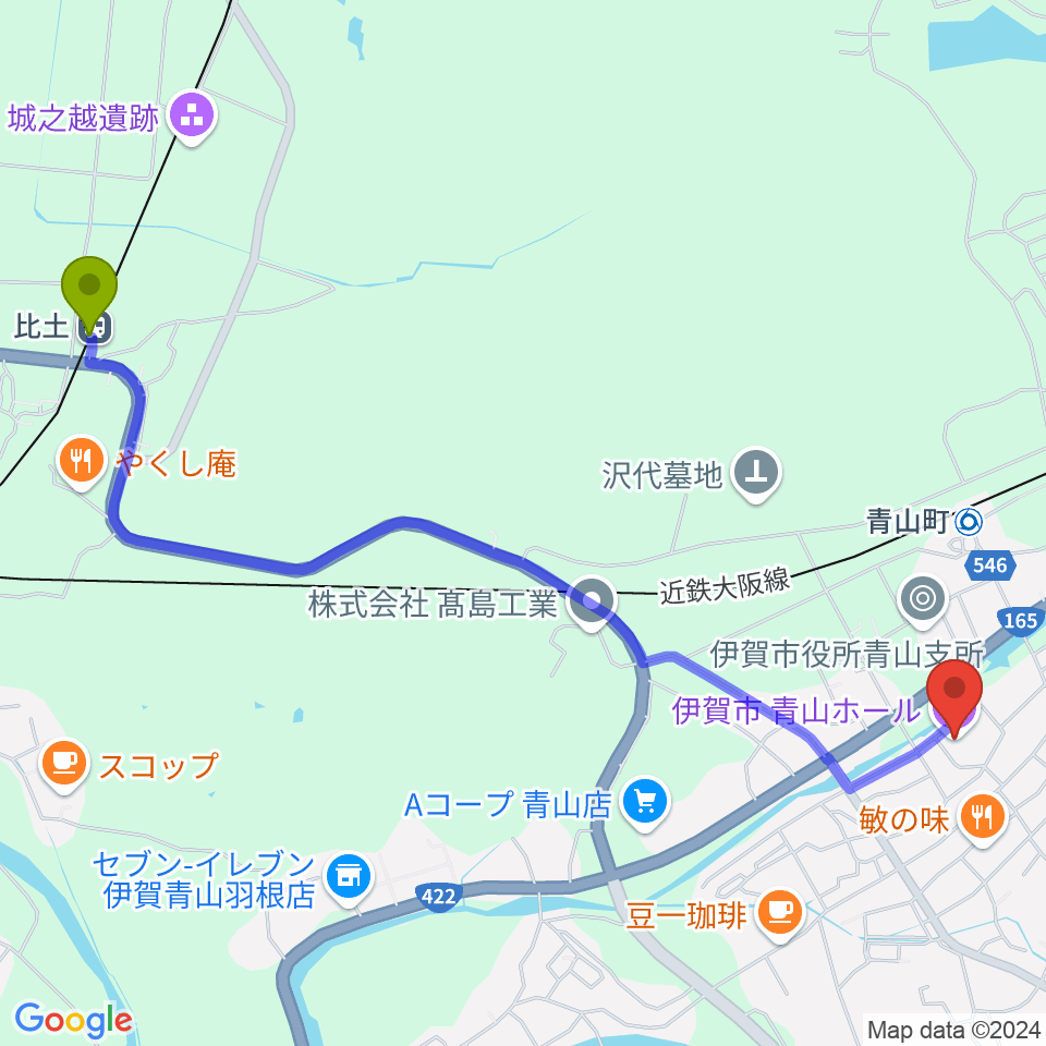 比土駅から青山ホールへのルートマップ地図