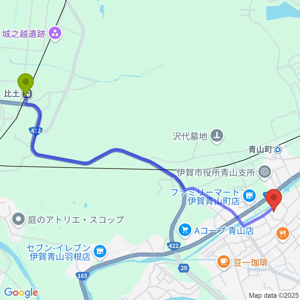 比土駅から青山ホールへのルートマップ地図