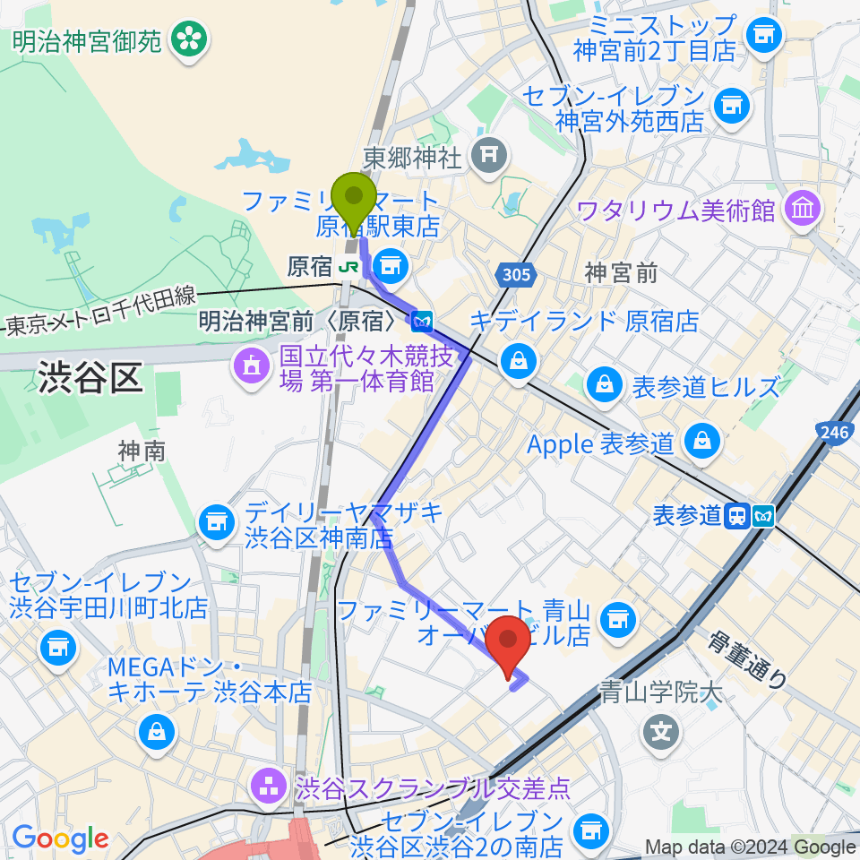 原宿駅からDDD青山クロスシアターへのルートマップ地図