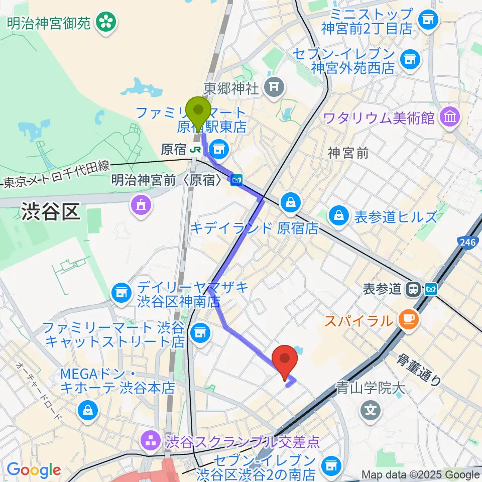 原宿駅からDDD青山クロスシアターへのルートマップ地図