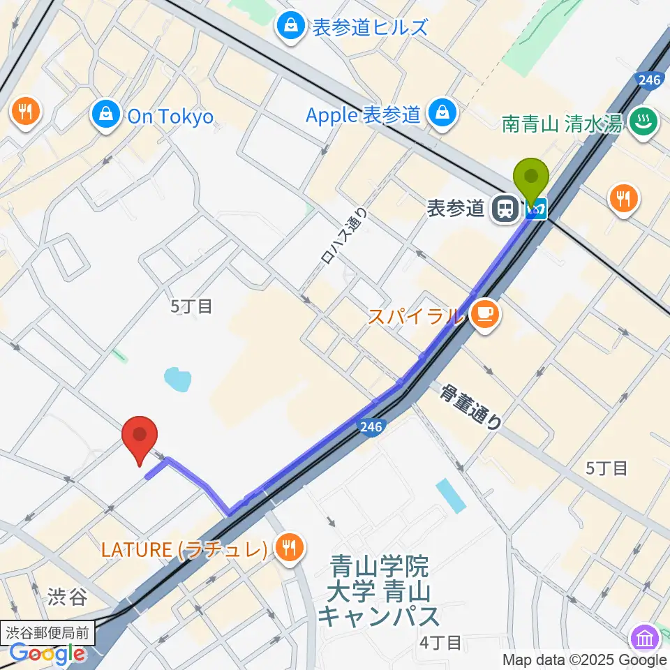 表参道駅からDDD青山クロスシアターへのルートマップ地図