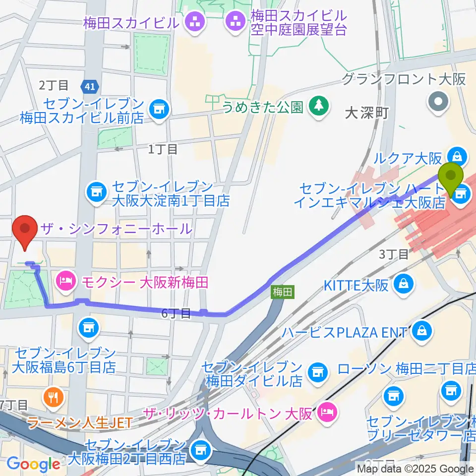 大阪駅からザ・シンフォニーホールへのルートマップ地図