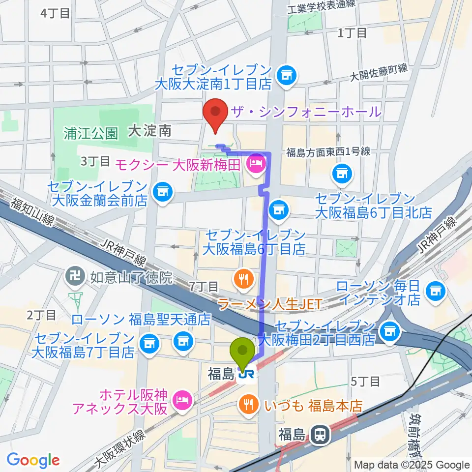 ザ・シンフォニーホールの最寄駅福島駅からの徒歩ルート（約8分）地図