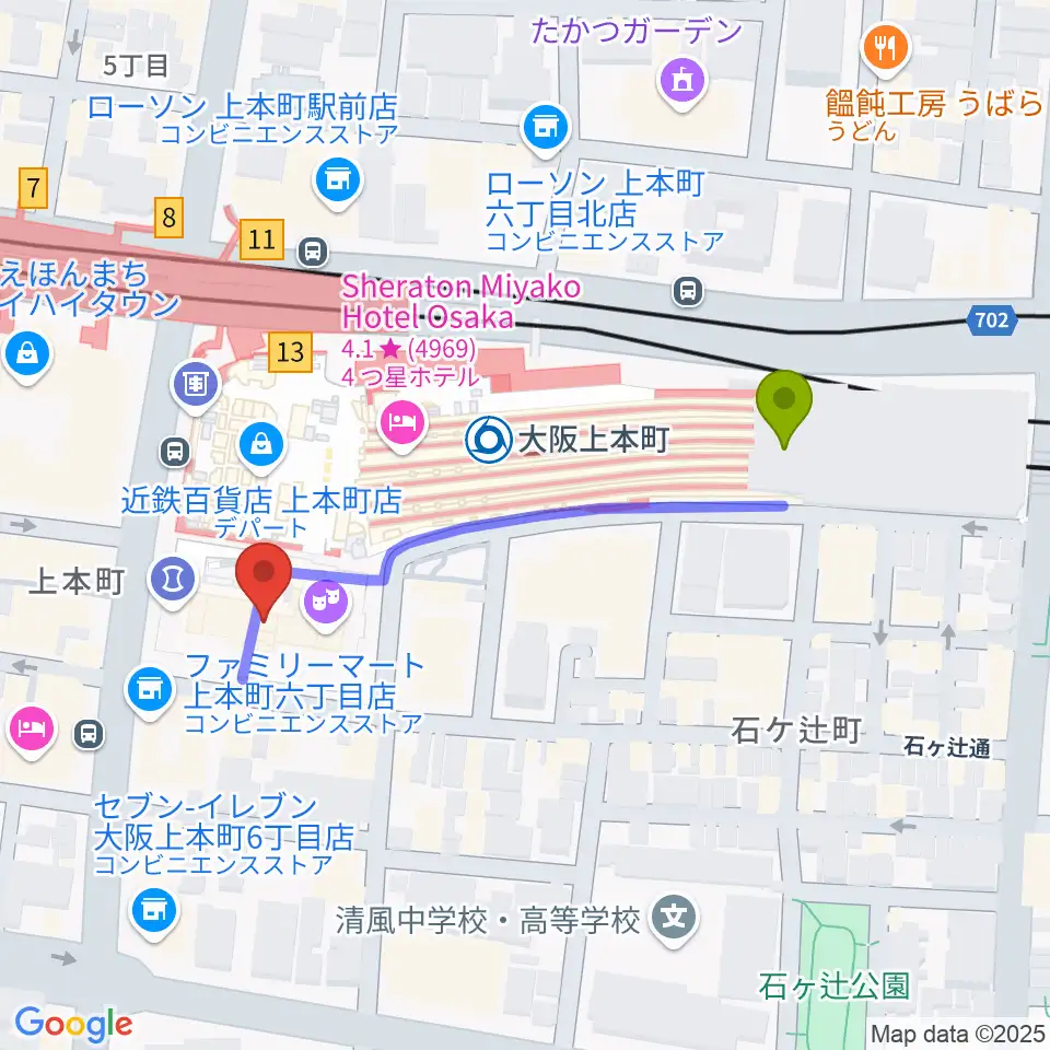 新歌舞伎座の最寄駅大阪上本町駅からの徒歩ルート（約4分）地図