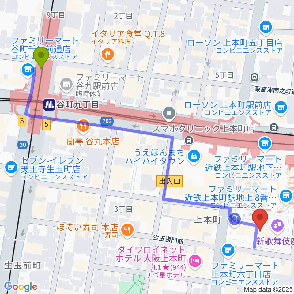 谷町九丁目駅から新歌舞伎座へのルートマップ地図