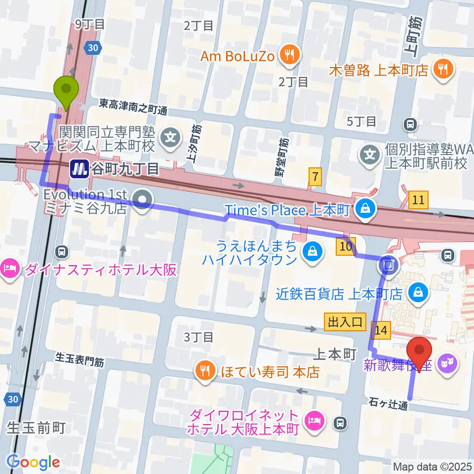 谷町九丁目駅から新歌舞伎座へのルートマップ地図
