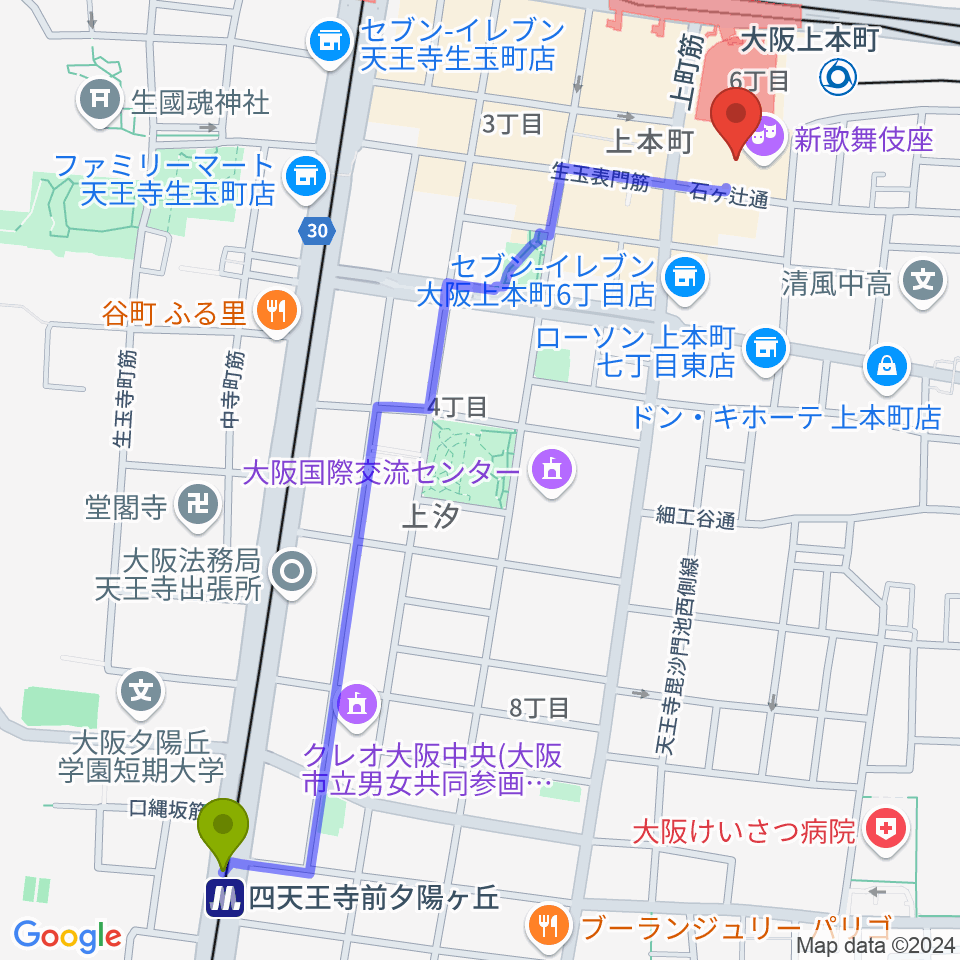 四天王寺前夕陽ヶ丘駅から新歌舞伎座へのルートマップ地図