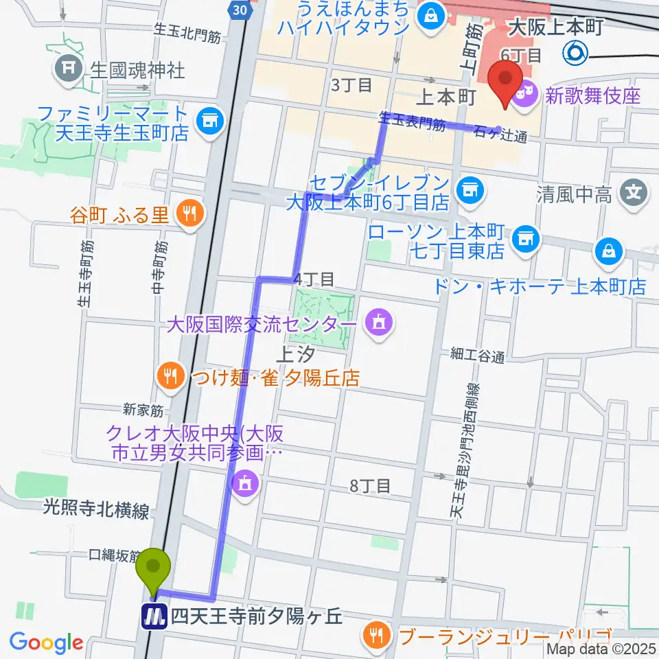 四天王寺前夕陽ヶ丘駅から新歌舞伎座へのルートマップ地図