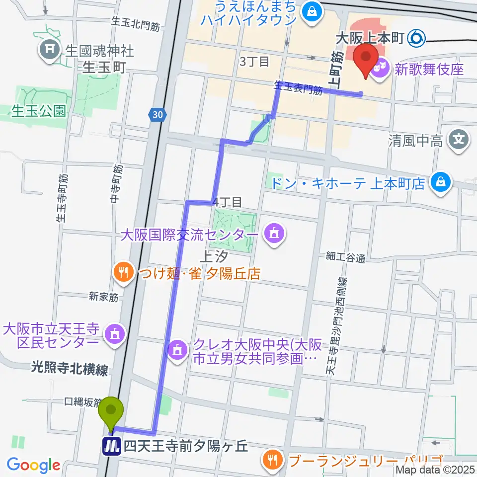 四天王寺前夕陽ヶ丘駅から新歌舞伎座へのルートマップ地図