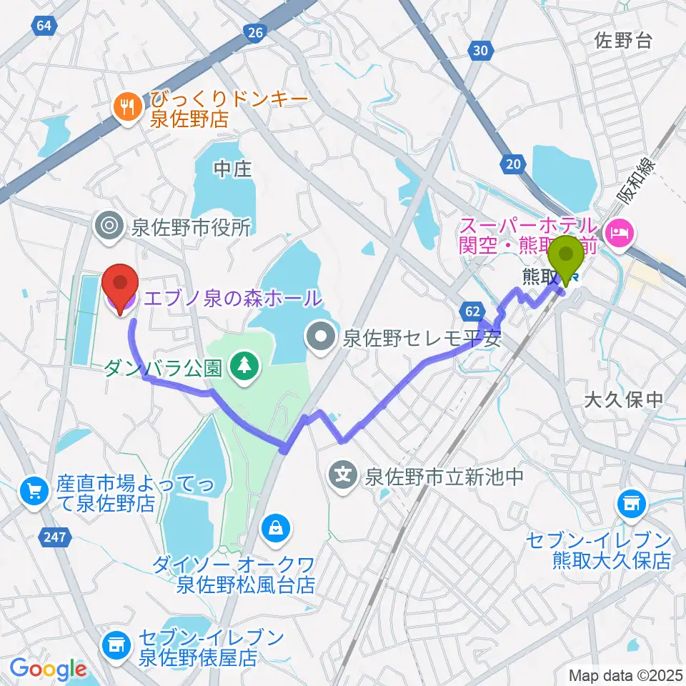 熊取駅からエブノ泉の森ホールへのルートマップ地図