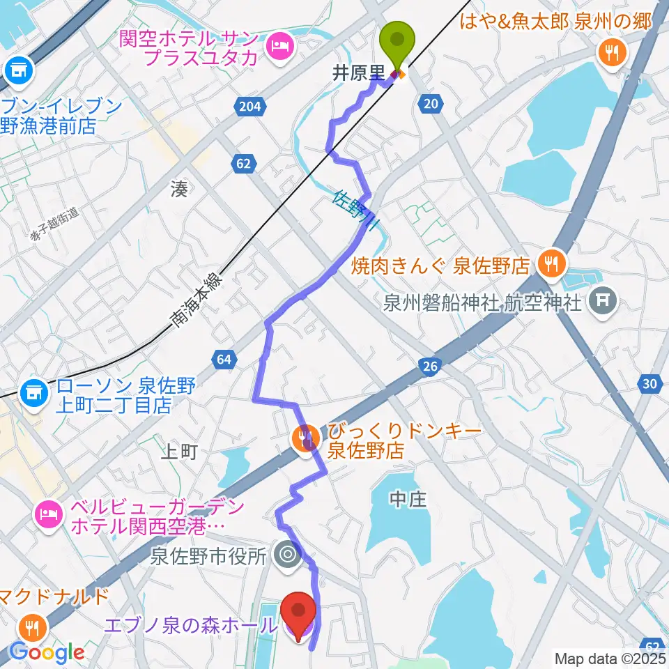 井原里駅からエブノ泉の森ホールへのルートマップ地図