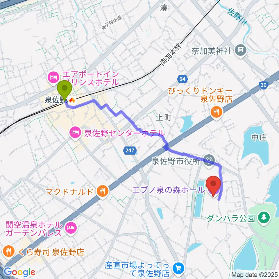 エブノ泉の森ホールの最寄駅泉佐野駅からの徒歩ルート（約20分）地図