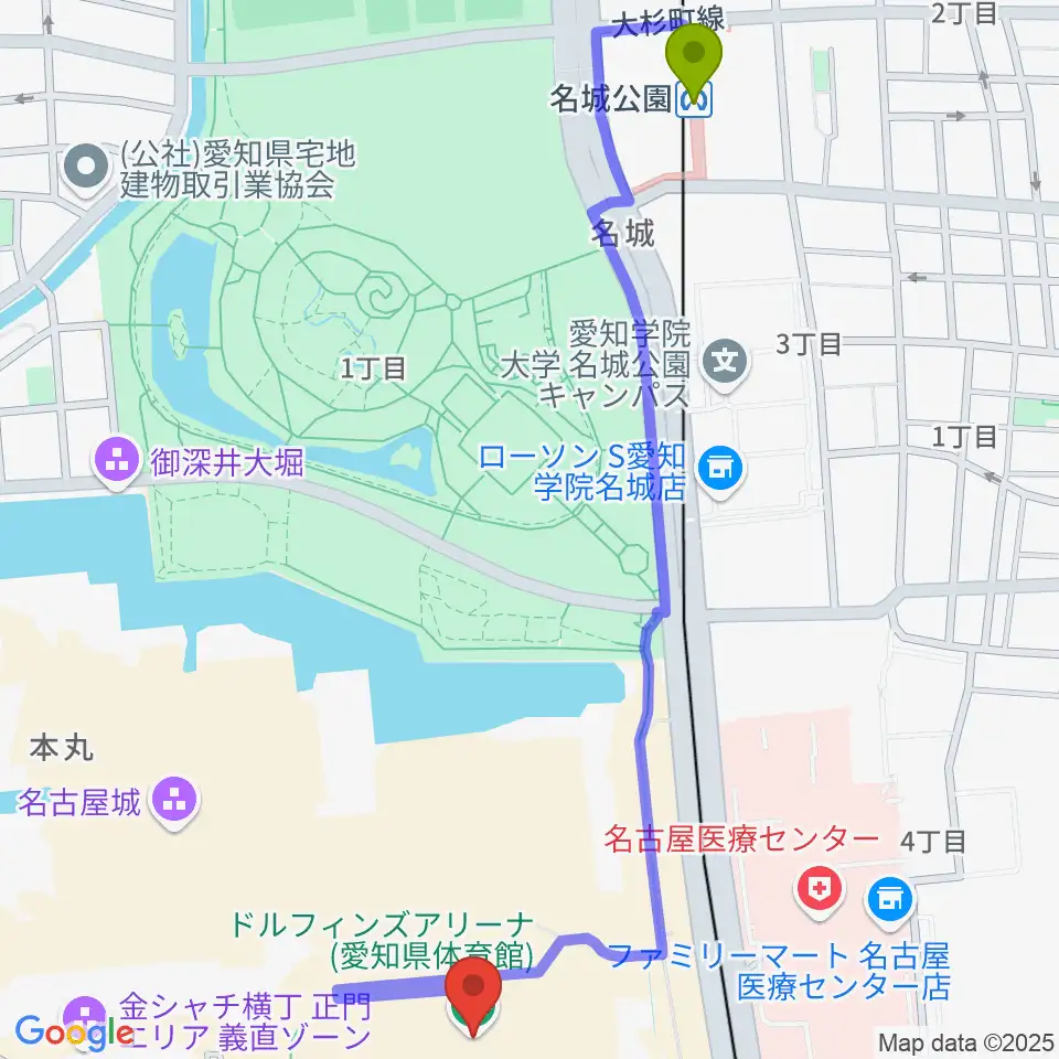 名城公園駅からドルフィンズアリーナへのルートマップ地図