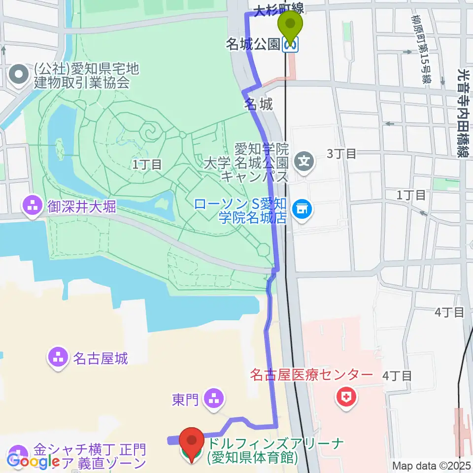 名城公園駅からドルフィンズアリーナへのルートマップ地図
