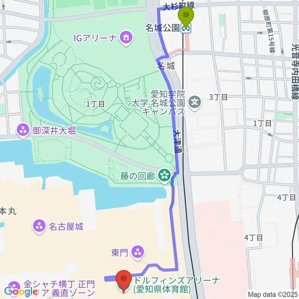 名城公園駅から愛知県体育館へのルートマップ地図