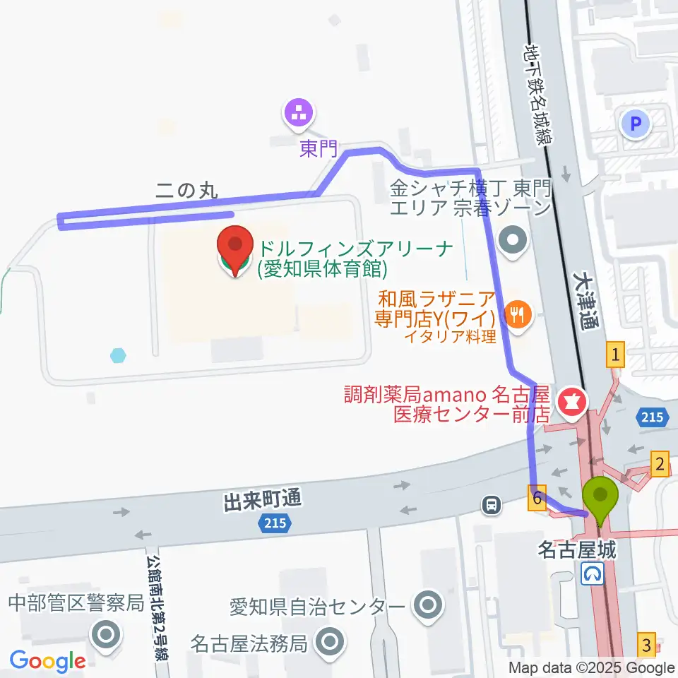 ドルフィンズアリーナの最寄駅市役所駅からの徒歩ルート（約5分）地図