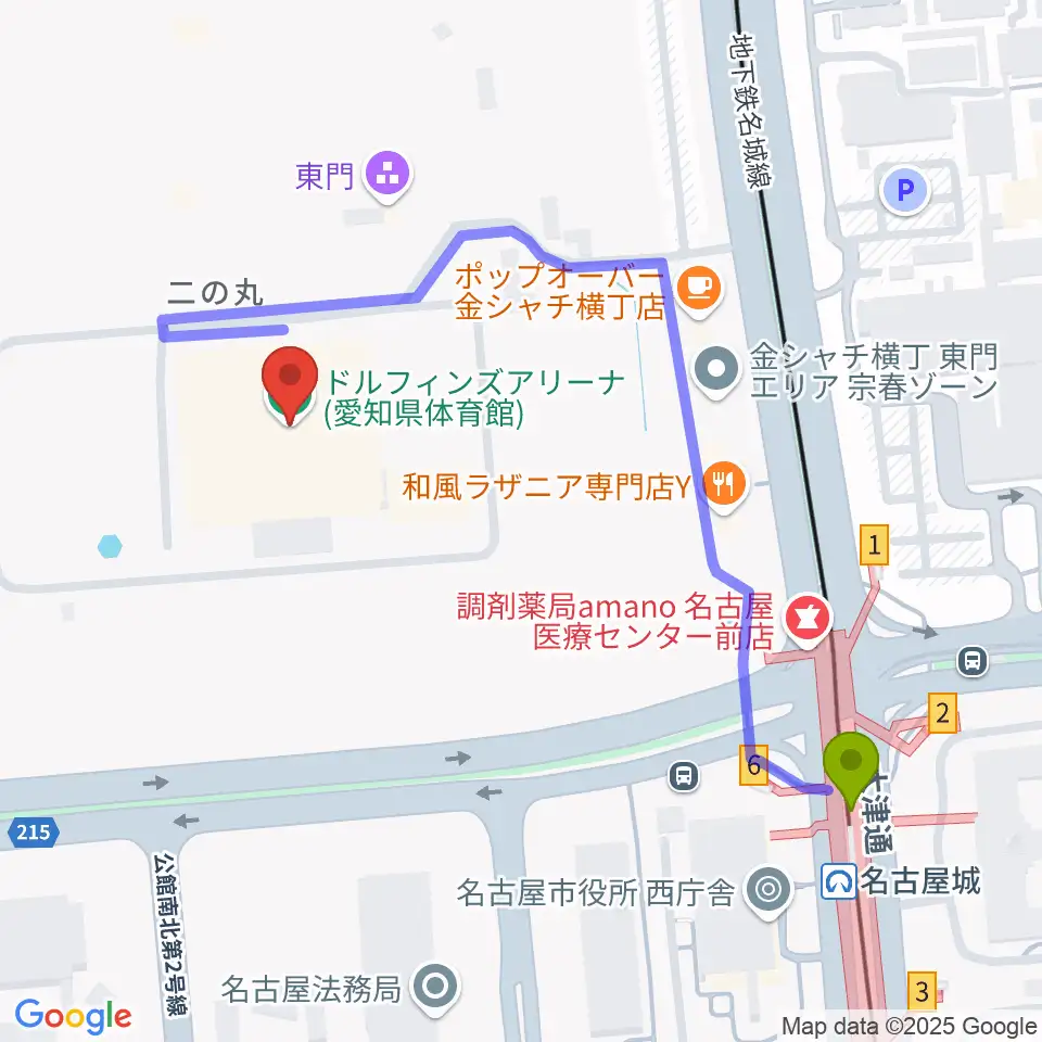 愛知県体育館の最寄駅市役所駅からの徒歩ルート（約5分）地図