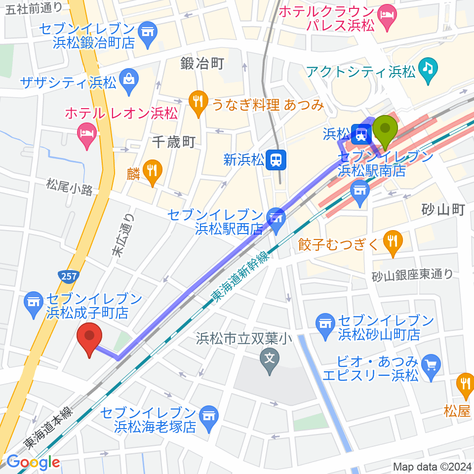 浜松市福祉交流センターの最寄駅浜松駅からの徒歩ルート（約12分）地図
