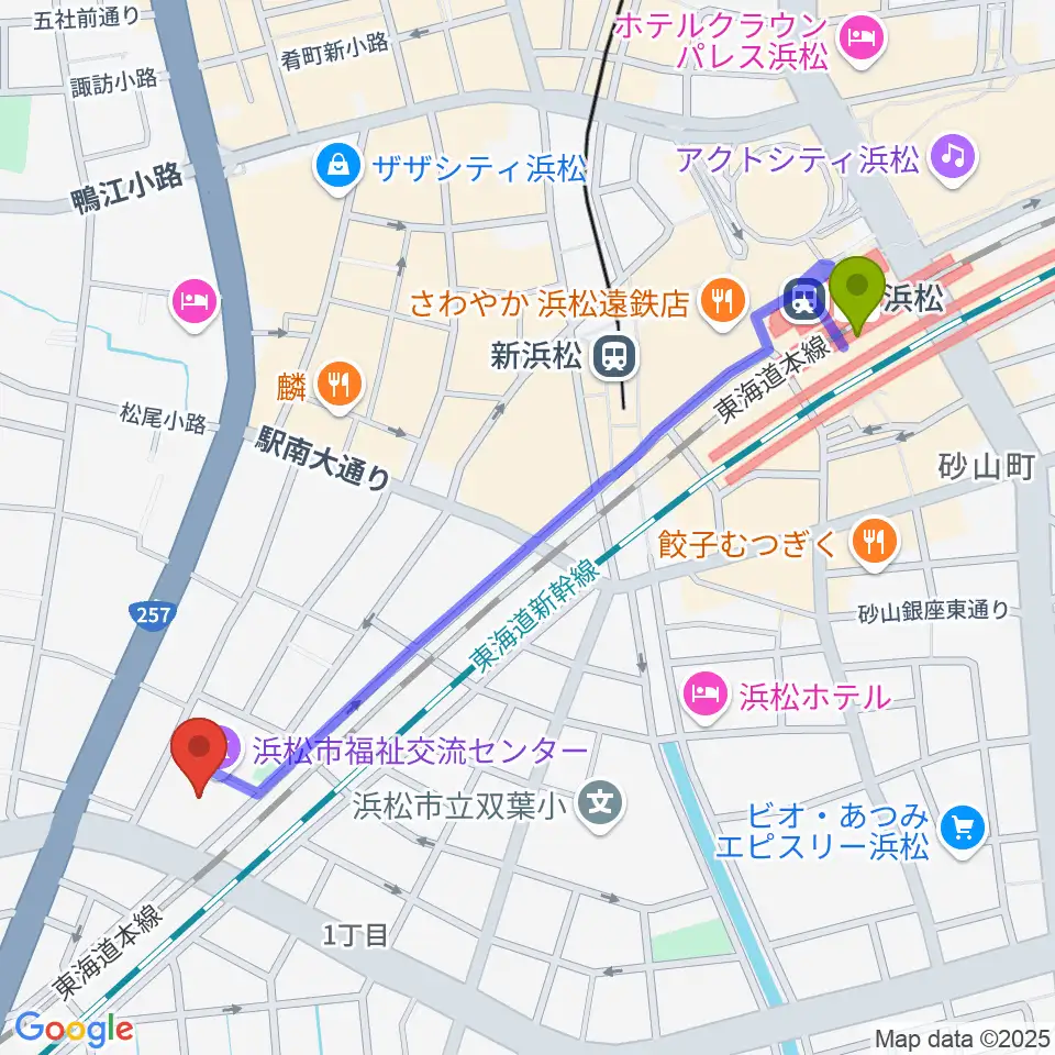浜松市福祉交流センターの最寄駅浜松駅からの徒歩ルート（約12分）地図