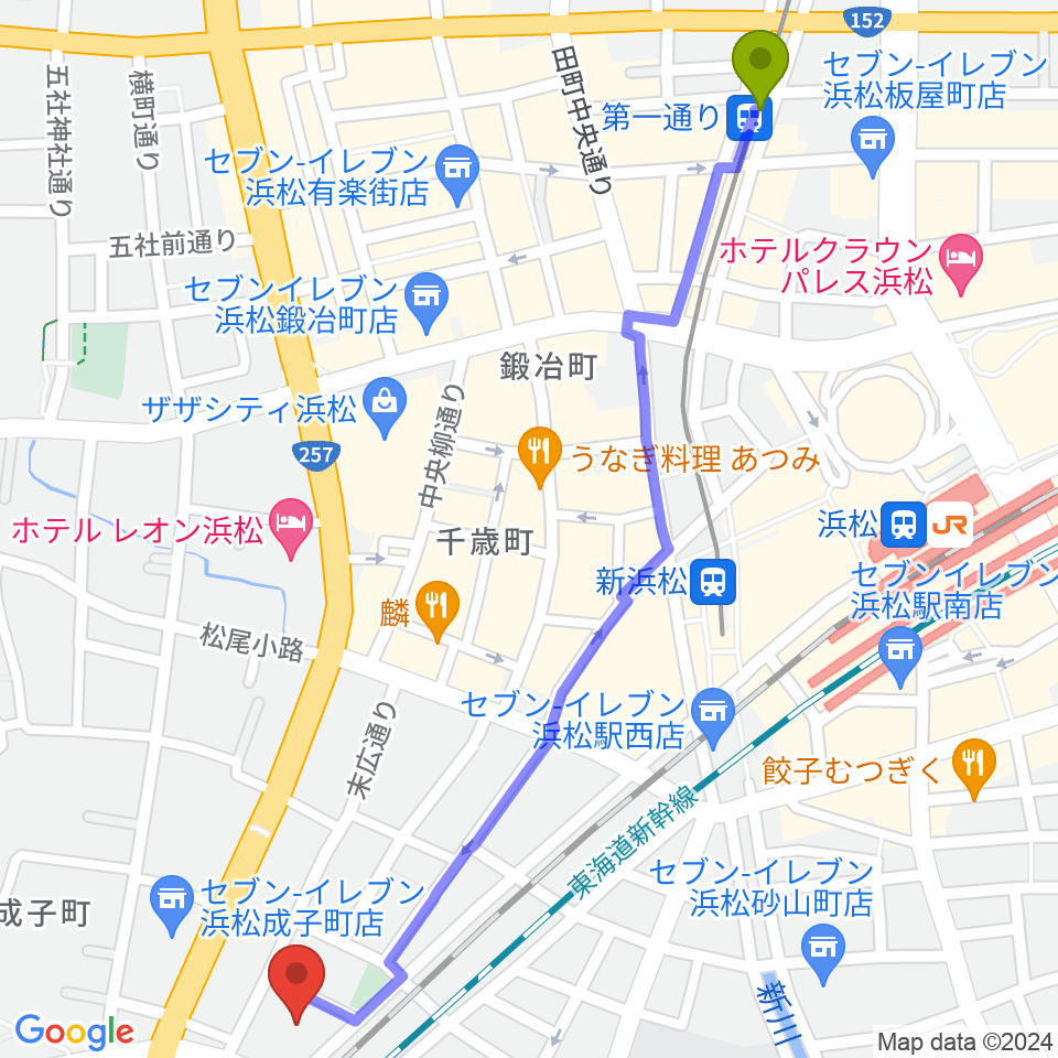第一通り駅から浜松市福祉交流センターへのルートマップ地図
