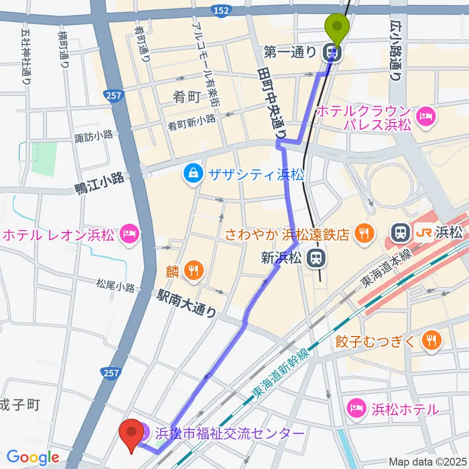 第一通り駅から浜松市福祉交流センターへのルートマップ地図