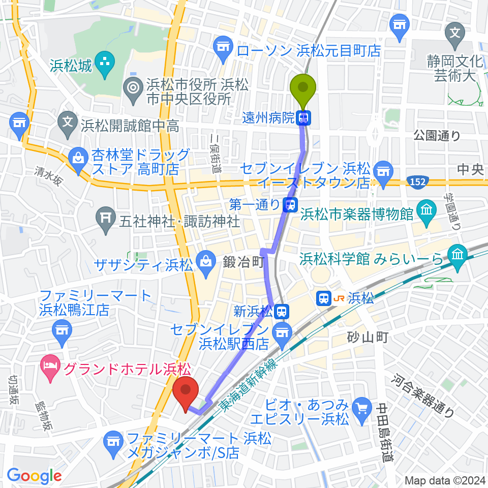 遠州病院駅から浜松市福祉交流センターへのルートマップ地図