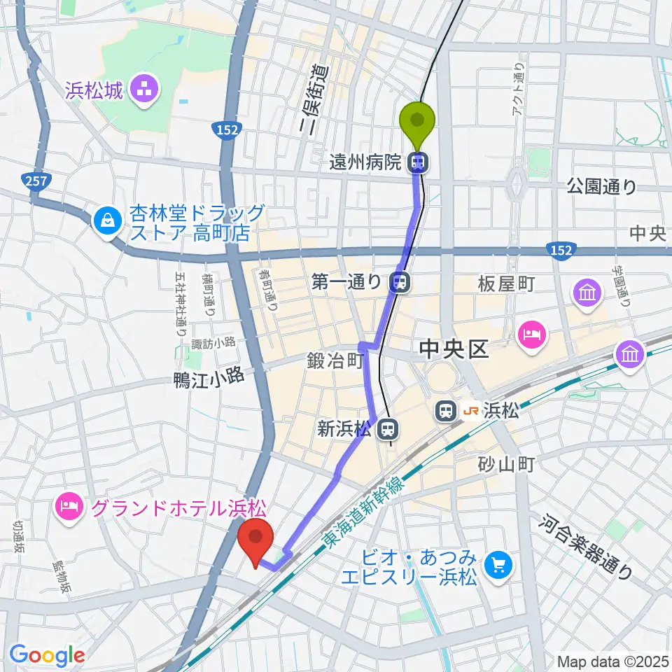 遠州病院駅から浜松市福祉交流センターへのルートマップ地図